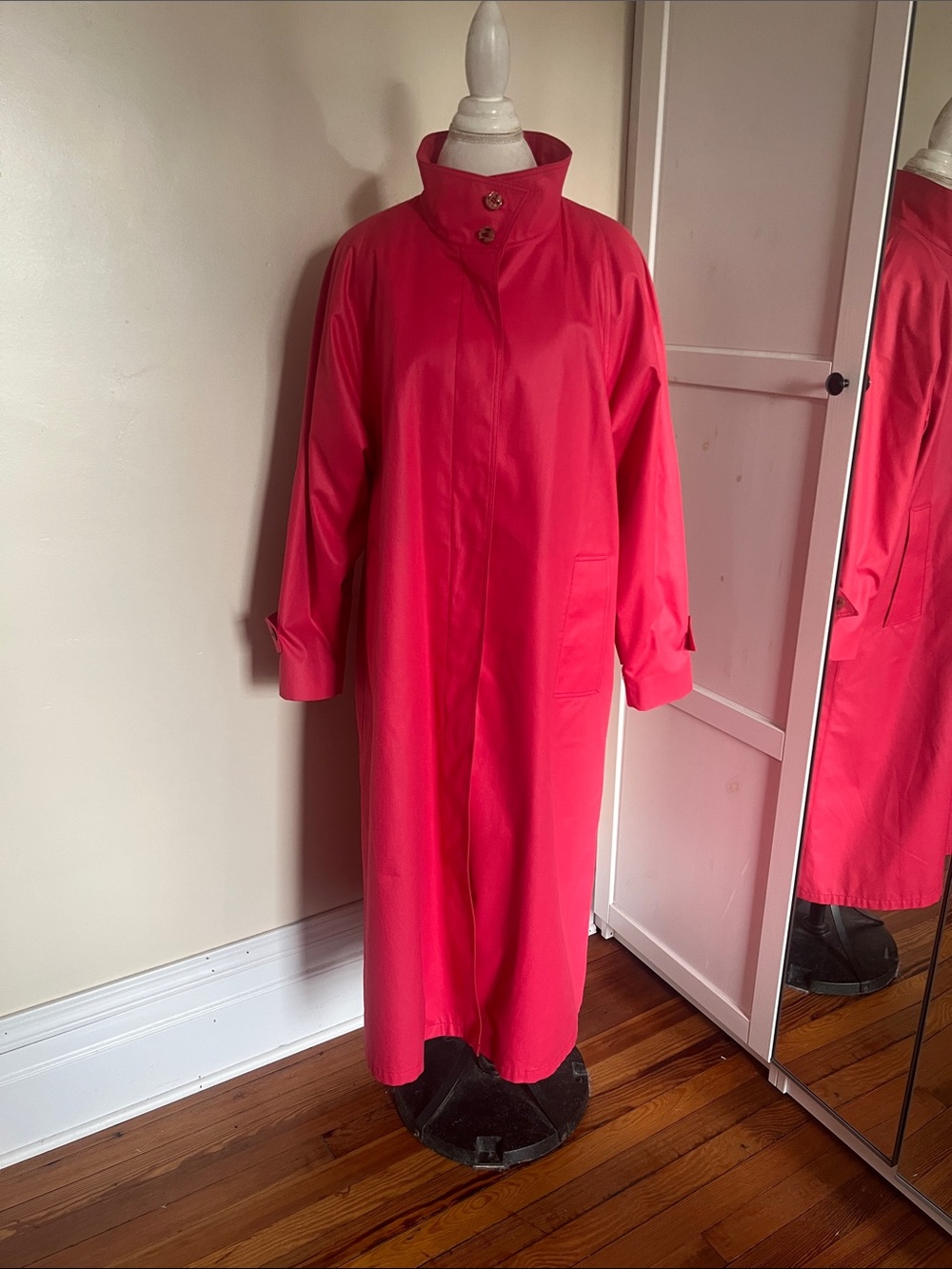 Vintage Funnel Neck London Fog Pink/Red Trench Wamsutta Floral Lining Sz 14 Reg